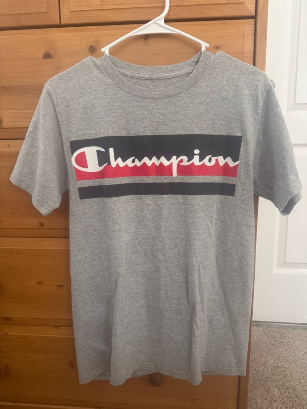 Champion Heather Gray Tee with Red & Navy Script Logo